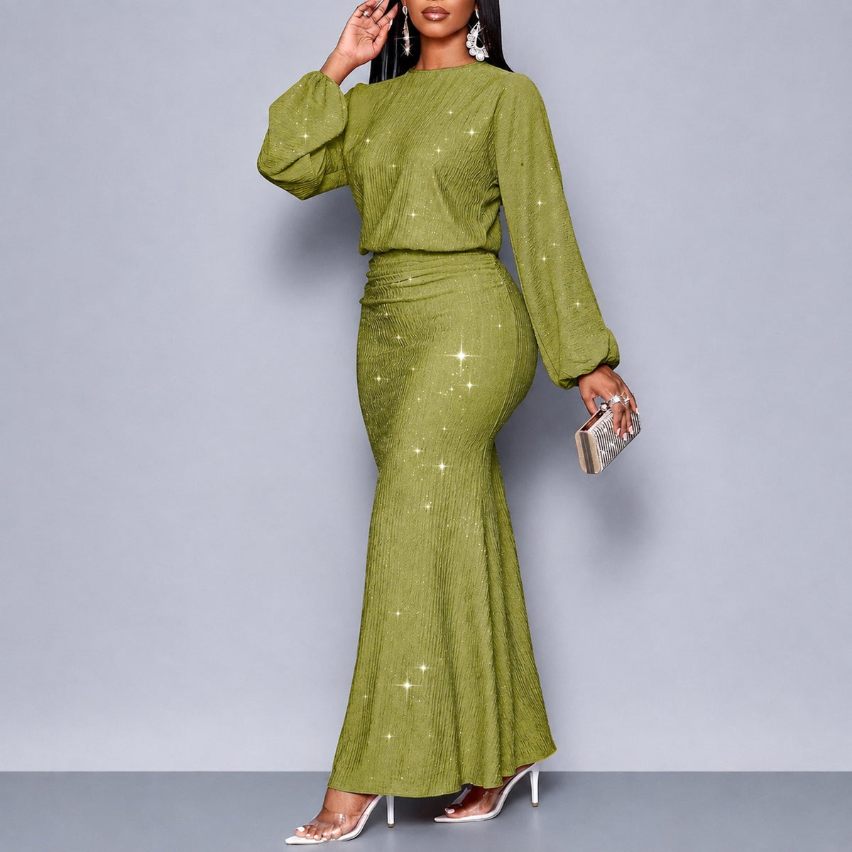 Vestido Estela™ con Efecto Brillante, Cintura Marcada y Mangas Largas