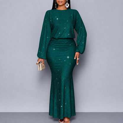 Vestido Estela™ con Efecto Brillante, Cintura Marcada y Mangas Largas