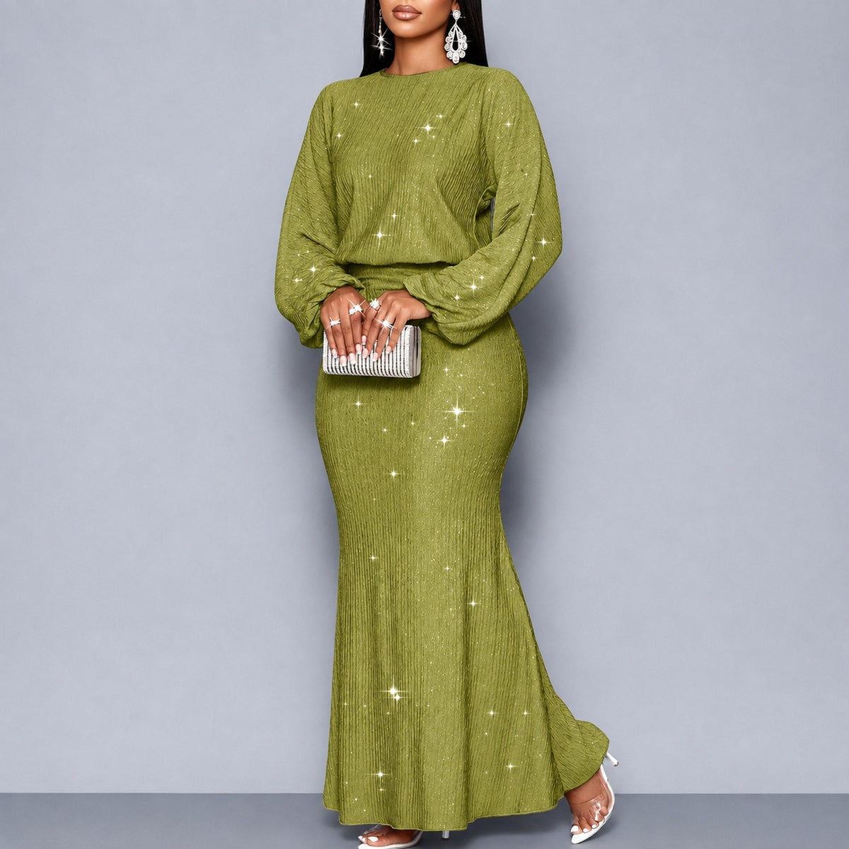 Vestido Estela™ con Efecto Brillante, Cintura Marcada y Mangas Largas