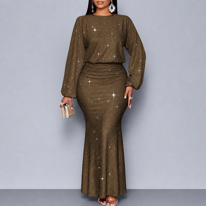 Vestido Estela™ con Efecto Brillante, Cintura Marcada y Mangas Largas
