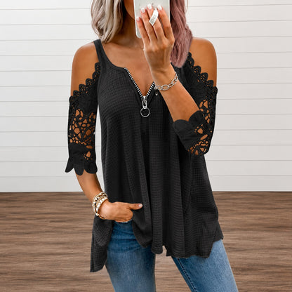 Blusa Alicia™ con Mangas 3/4 de Encaje y Cremallera Frontal