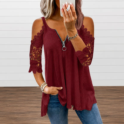 Blusa Alicia™ con Mangas 3/4 de Encaje y Cremallera Frontal