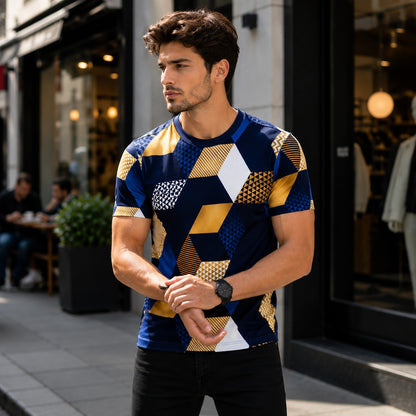 Camiseta Cortés™ con Estampado Geométrico, Cuello Redondo y Manga Corta