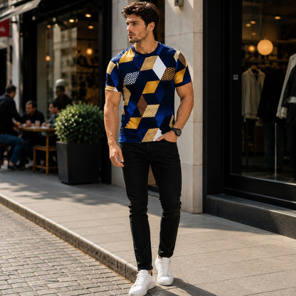 Camiseta Cortés™ con Estampado Geométrico, Cuello Redondo y Manga Corta
