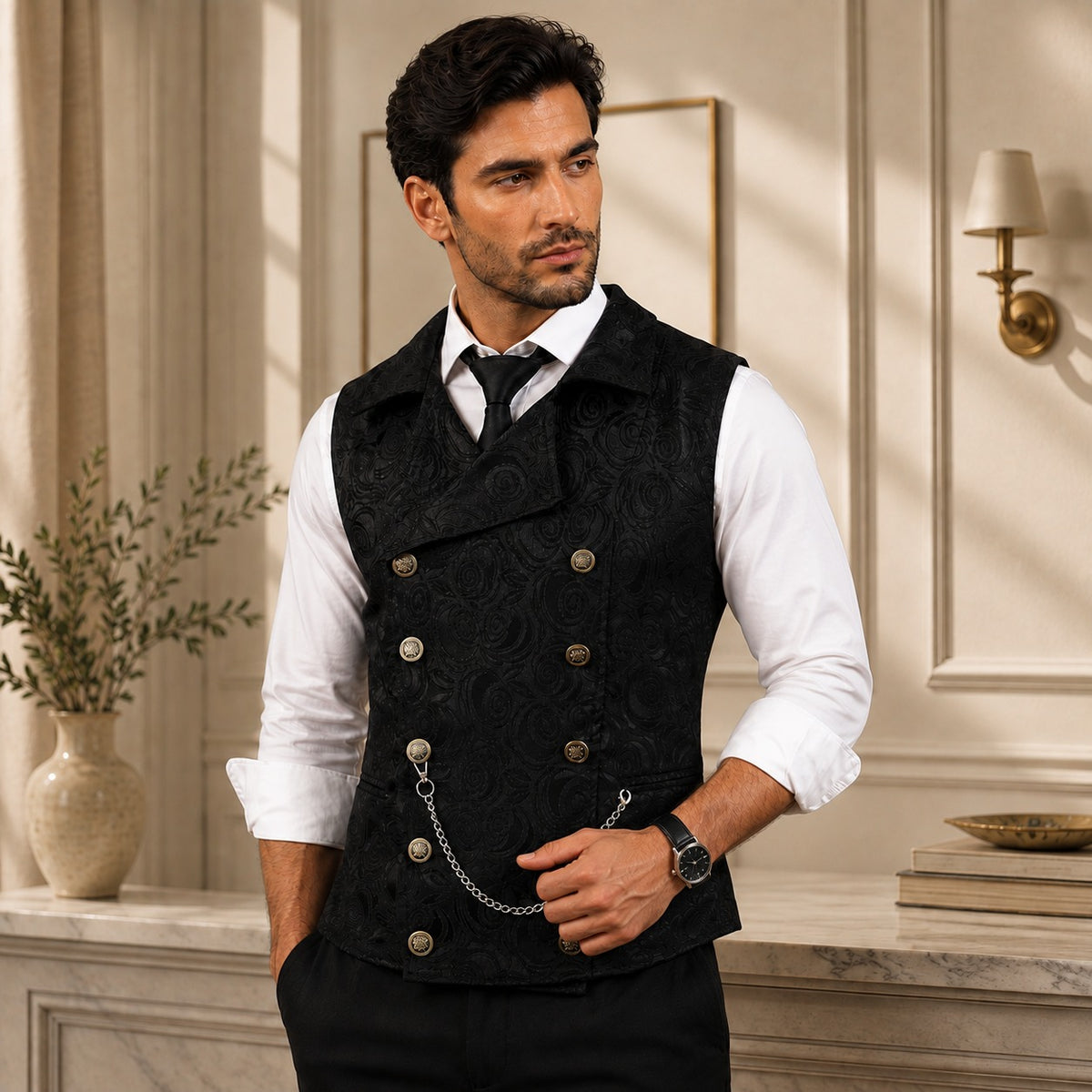 Chaleco de Sastrería Alcazar™ con Textura Jacquard Floral, Cierre Cruzado y Detalles Metálicos