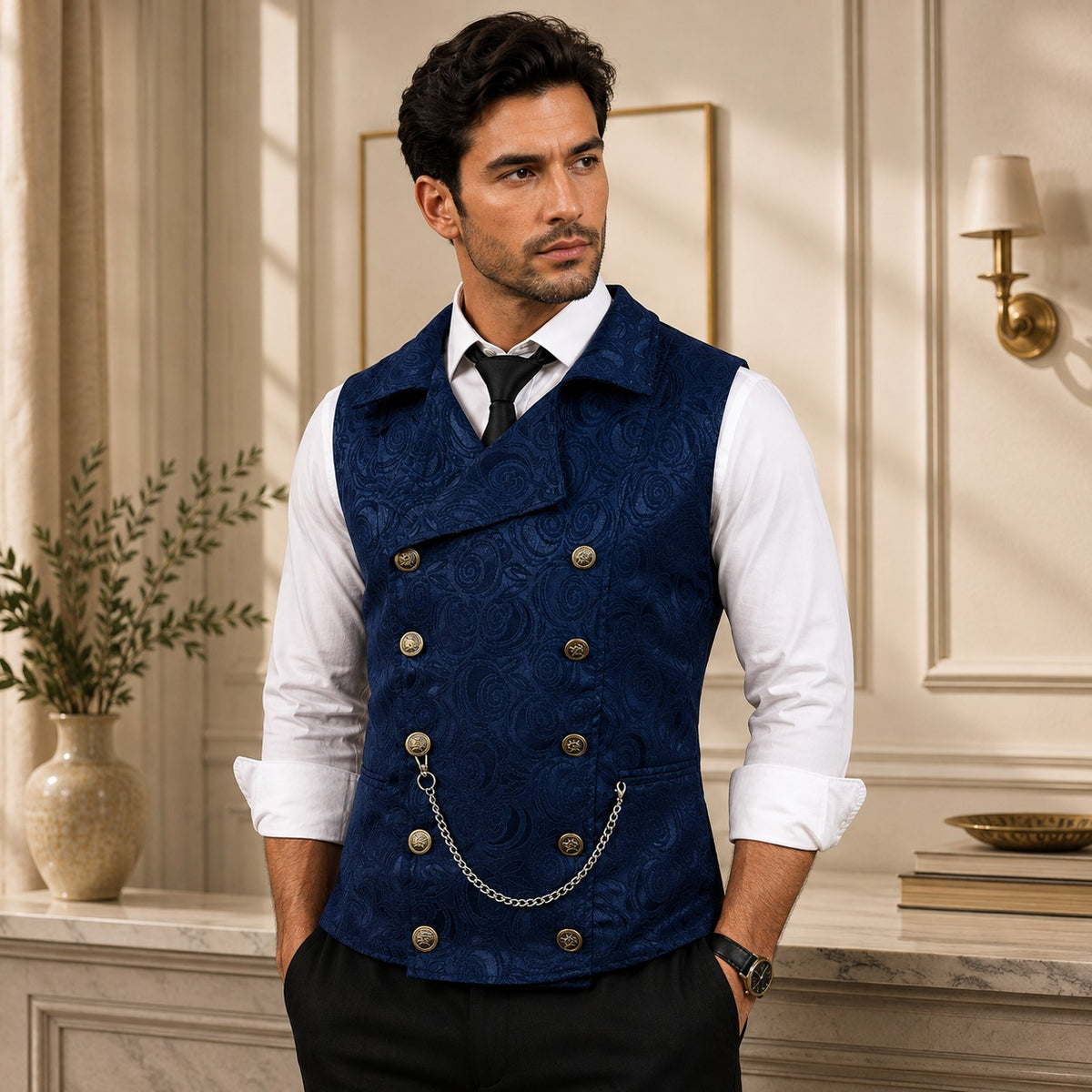 Chaleco de Sastrería Alcazar™ con Textura Jacquard Floral, Cierre Cruzado y Detalles Metálicos