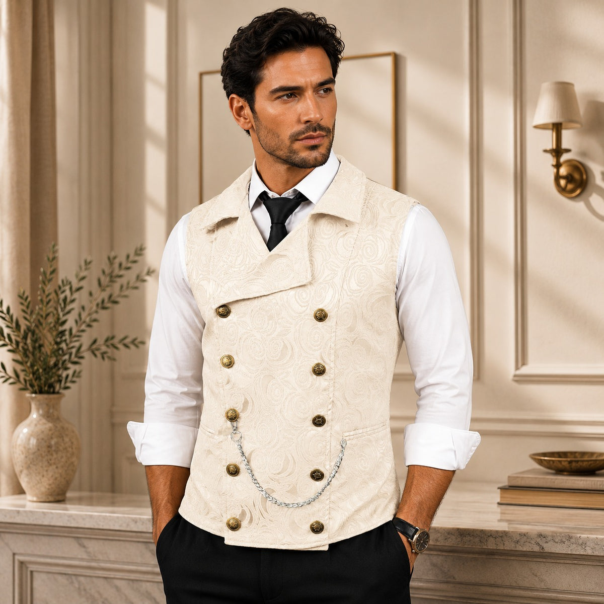 Chaleco de Sastrería Alcazar™ con Textura Jacquard Floral, Cierre Cruzado y Detalles Metálicos