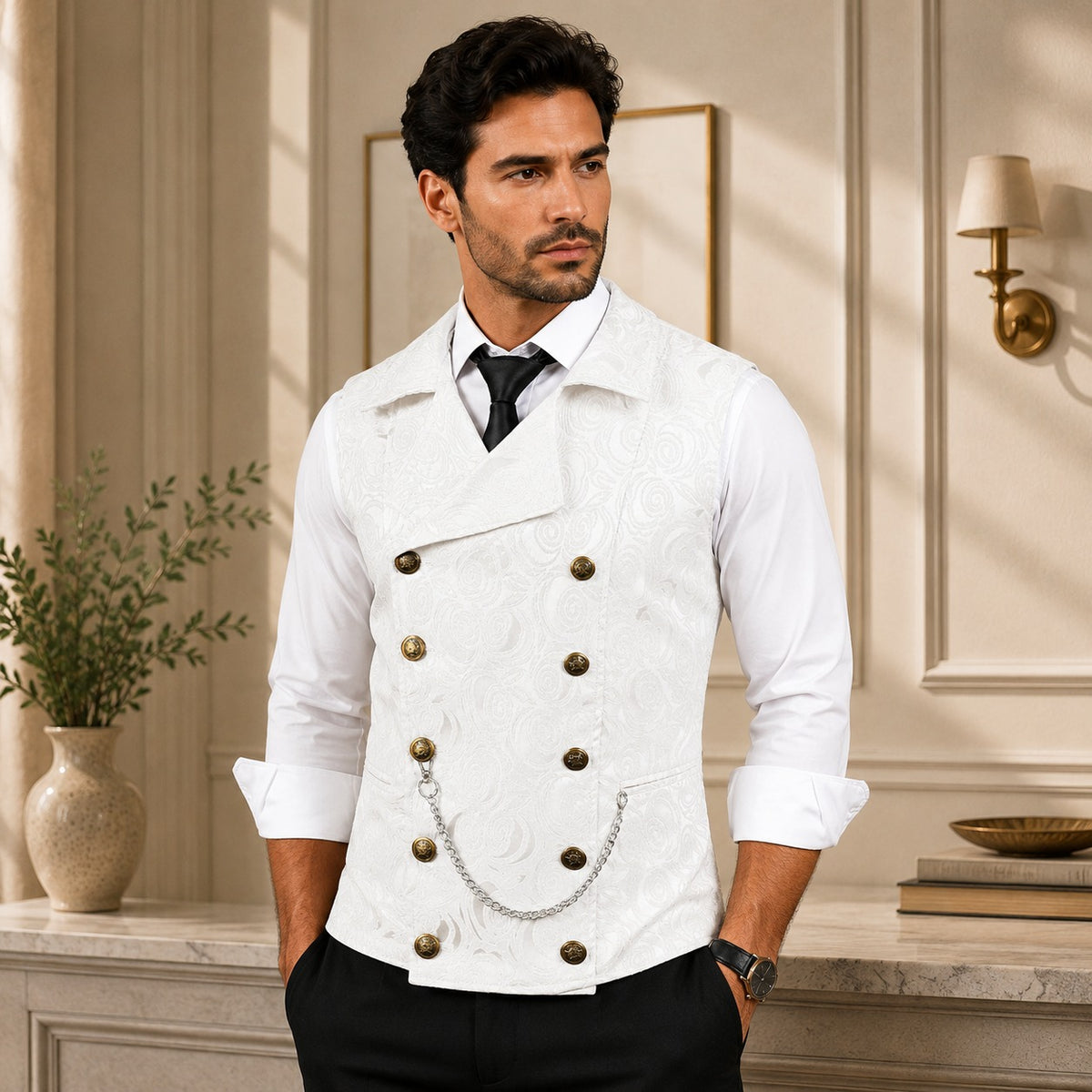 Chaleco de Sastrería Alcazar™ con Textura Jacquard Floral, Cierre Cruzado y Detalles Metálicos
