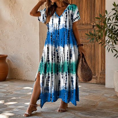 Vestido Largo Verena™ con Estampado Ornamental, Escote en V y Aberturas Laterales