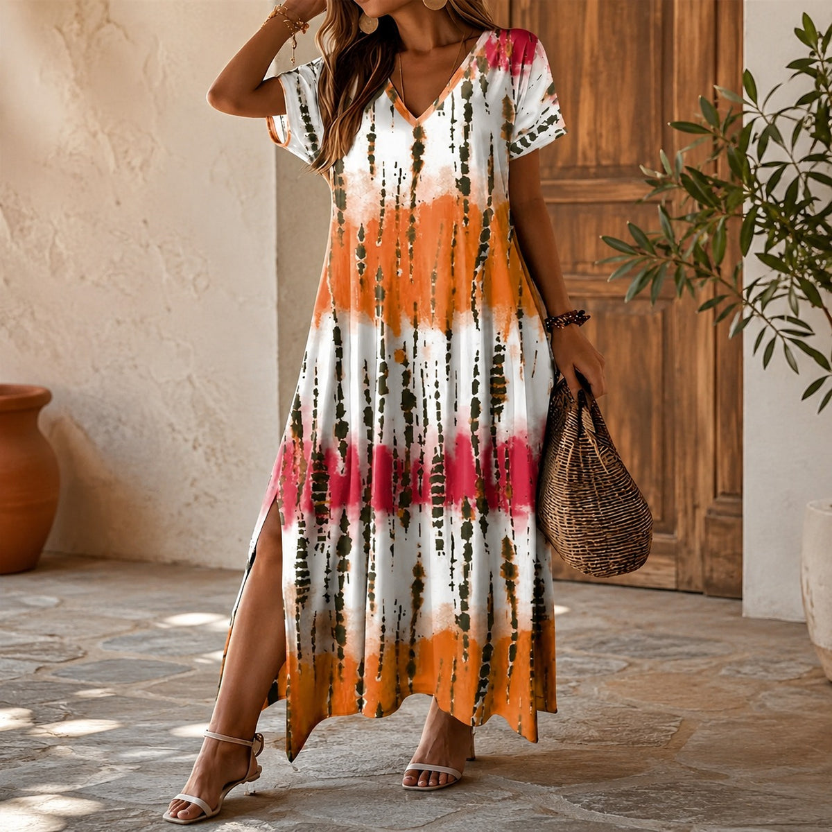 Vestido Largo Verena™ con Estampado Ornamental, Escote en V y Aberturas Laterales