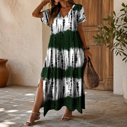 Vestido Largo Verena™ con Estampado Ornamental, Escote en V y Aberturas Laterales