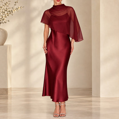 Vestido Adelina™ con Sobreposición Asimétrica Transparente y Acabado Satinado