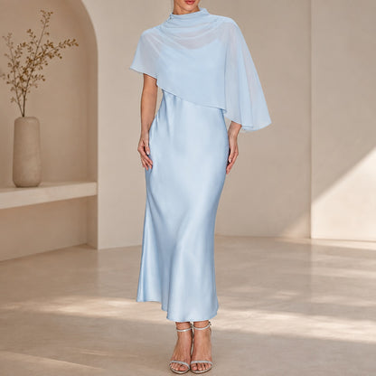 Vestido Adelina™ con Sobreposición Asimétrica Transparente y Acabado Satinado
