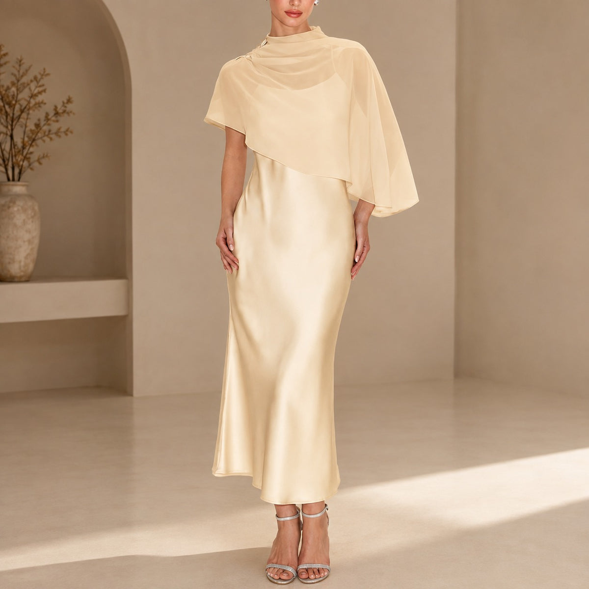 Vestido Adelina™ con Sobreposición Asimétrica Transparente y Acabado Satinado