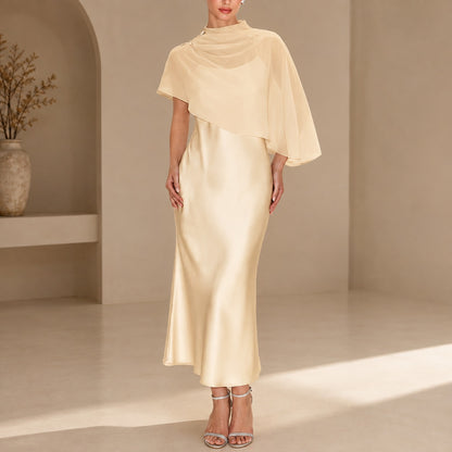 Vestido Adelina™ con Sobreposición Asimétrica Transparente y Acabado Satinado