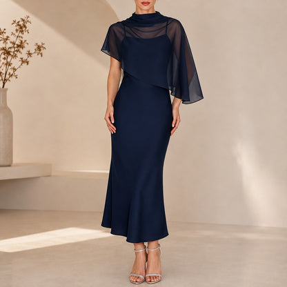 Vestido Adelina™ con Sobreposición Asimétrica Transparente y Acabado Satinado