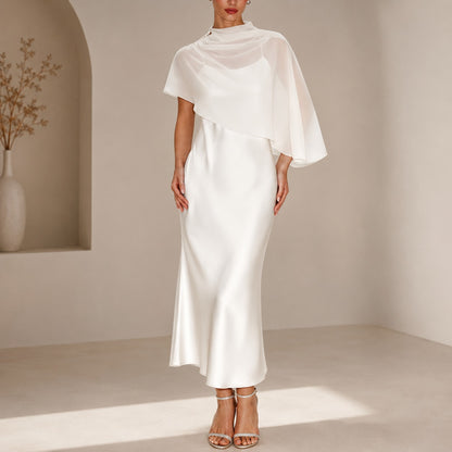 Vestido Adelina™ con Sobreposición Asimétrica Transparente y Acabado Satinado