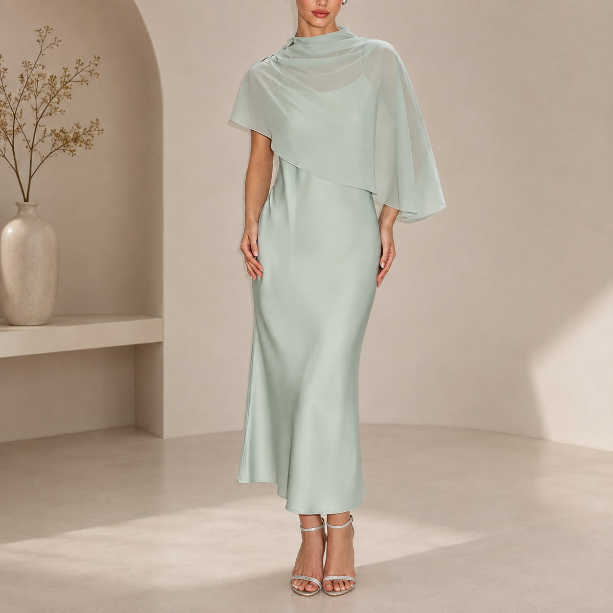 Vestido Adelina™ con Sobreposición Asimétrica Transparente y Acabado Satinado