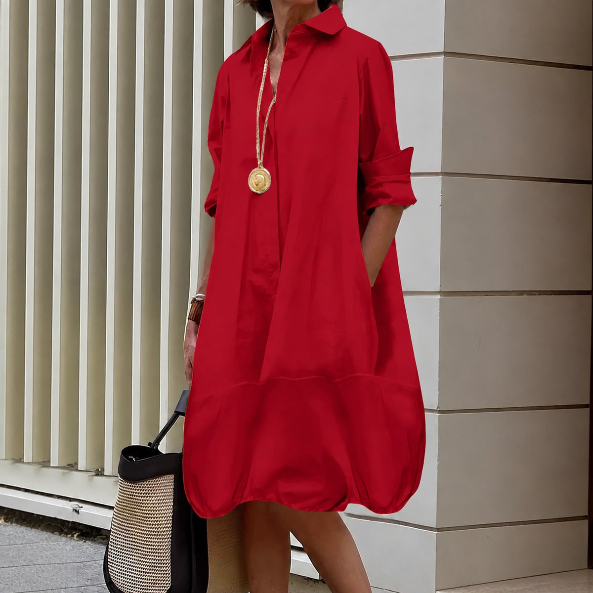 Vestido Camisero Renata™ con Corte Amplio y Bajo Globo