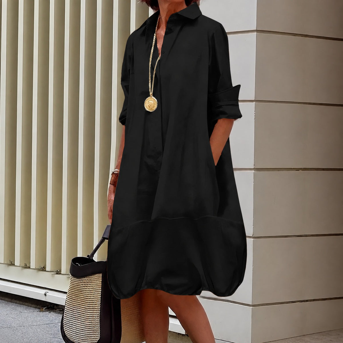 Vestido Camisero Renata™ con Corte Amplio y Bajo Globo
