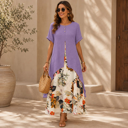 Vestido Isabel™ Efecto Dos Piezas con Sobreposición Larga y Falda Floral