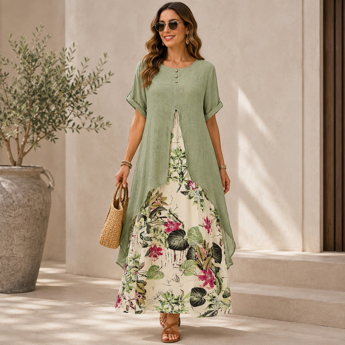 Vestido Isabel™ Efecto Dos Piezas con Sobreposición Larga y Falda Floral