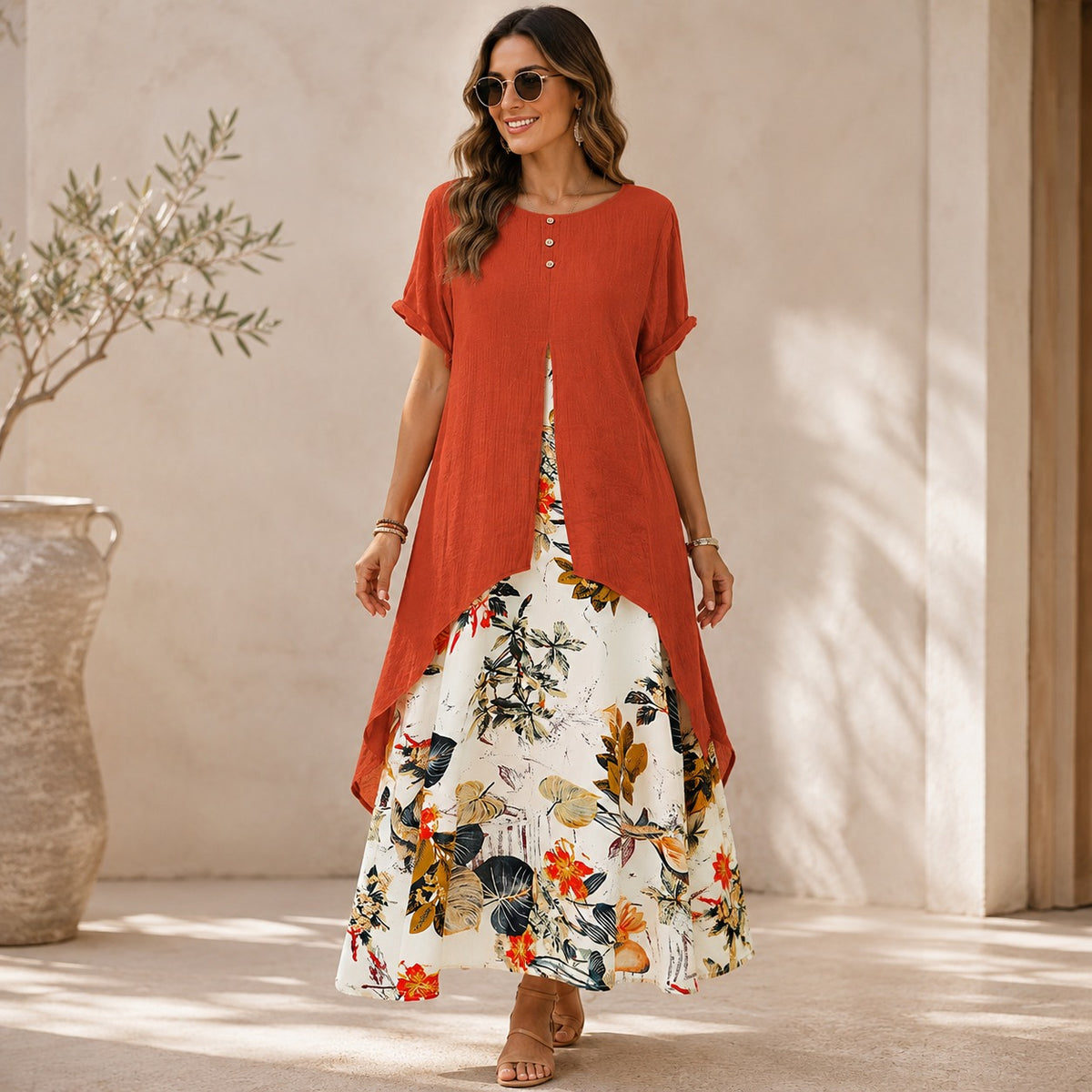 Vestido Isabel™ Efecto Dos Piezas con Sobreposición Larga y Falda Floral