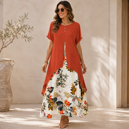 Vestido Isabel™ Efecto Dos Piezas con Sobreposición Larga y Falda Floral