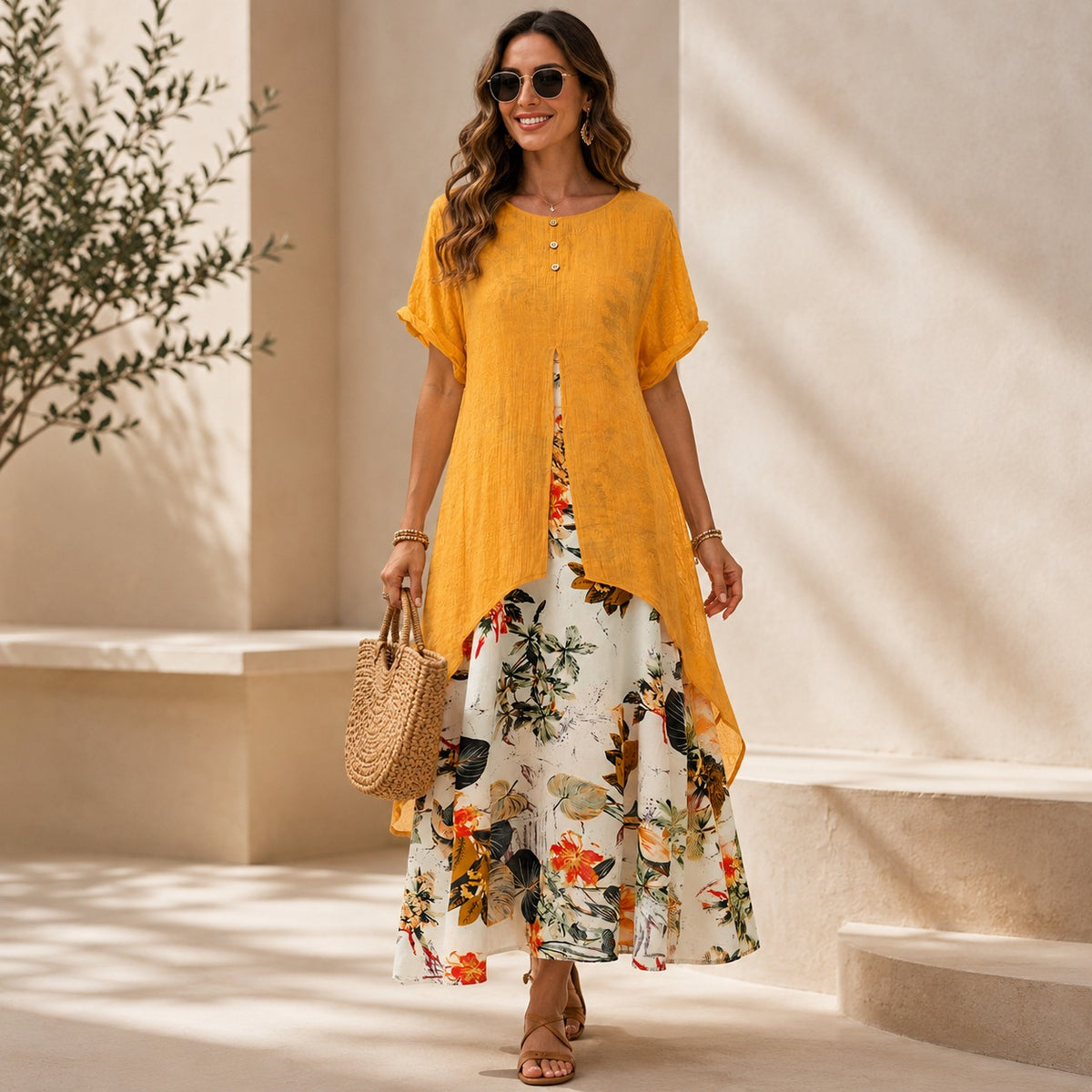 Vestido Isabel™ Efecto Dos Piezas con Sobreposición Larga y Falda Floral
