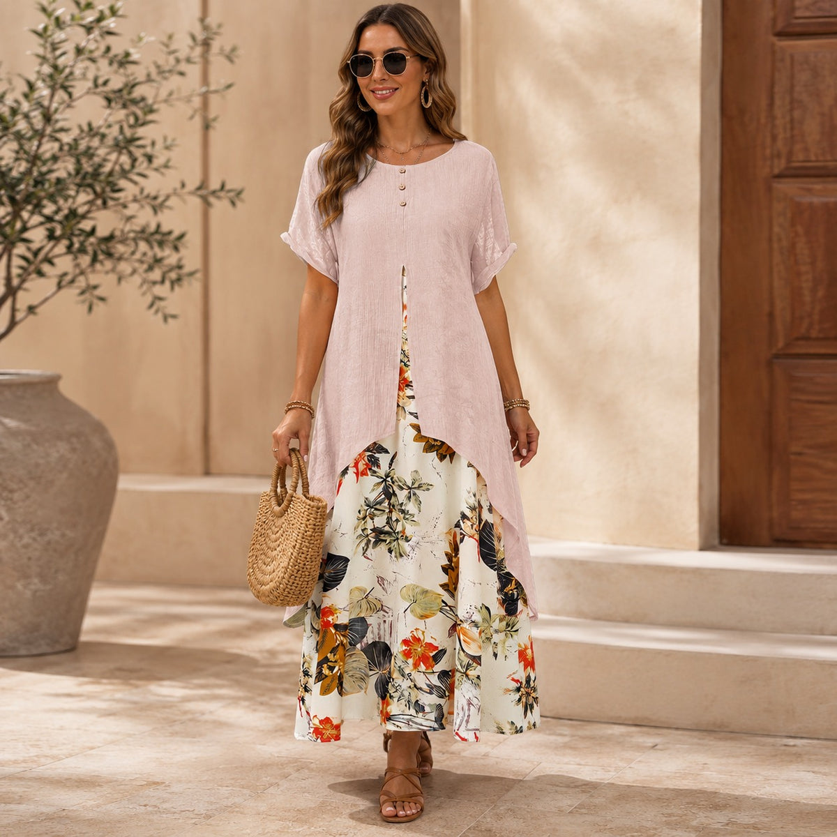 Vestido Isabel™ Efecto Dos Piezas con Sobreposición Larga y Falda Floral