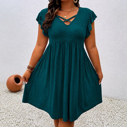 Vestido Paloma™ con Textura Calada, Escote V Cruzado y Mangas con Volantes