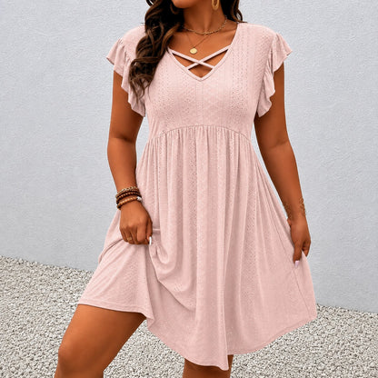 Vestido Paloma™ con Textura Calada, Escote V Cruzado y Mangas con Volantes