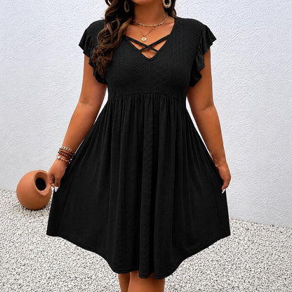 Vestido Paloma™ con Textura Calada, Escote V Cruzado y Mangas con Volantes