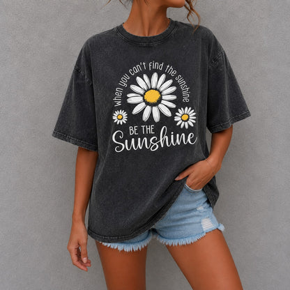 Camiseta Clara™ con Estampa de Margaritas, Lavado Vintage y Cuello Redondo