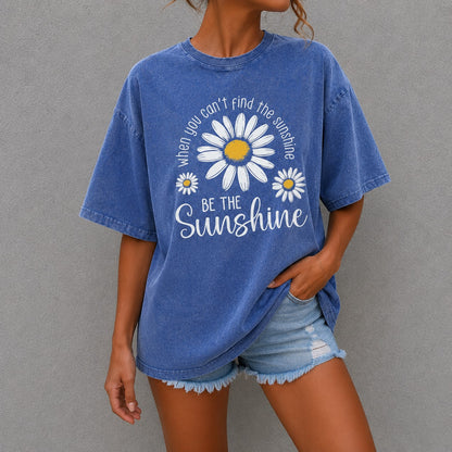 Camiseta Clara™ con Estampa de Margaritas, Lavado Vintage y Cuello Redondo