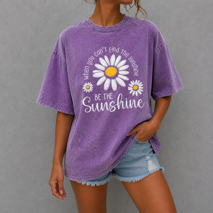 Camiseta Clara™ con Estampa de Margaritas, Lavado Vintage y Cuello Redondo