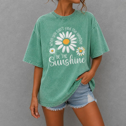 Camiseta Clara™ con Estampa de Margaritas, Lavado Vintage y Cuello Redondo
