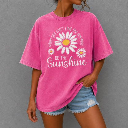 Camiseta Clara™ con Estampa de Margaritas, Lavado Vintage y Cuello Redondo
