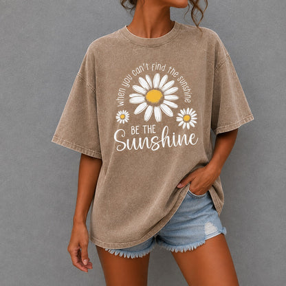 Camiseta Clara™ con Estampa de Margaritas, Lavado Vintage y Cuello Redondo