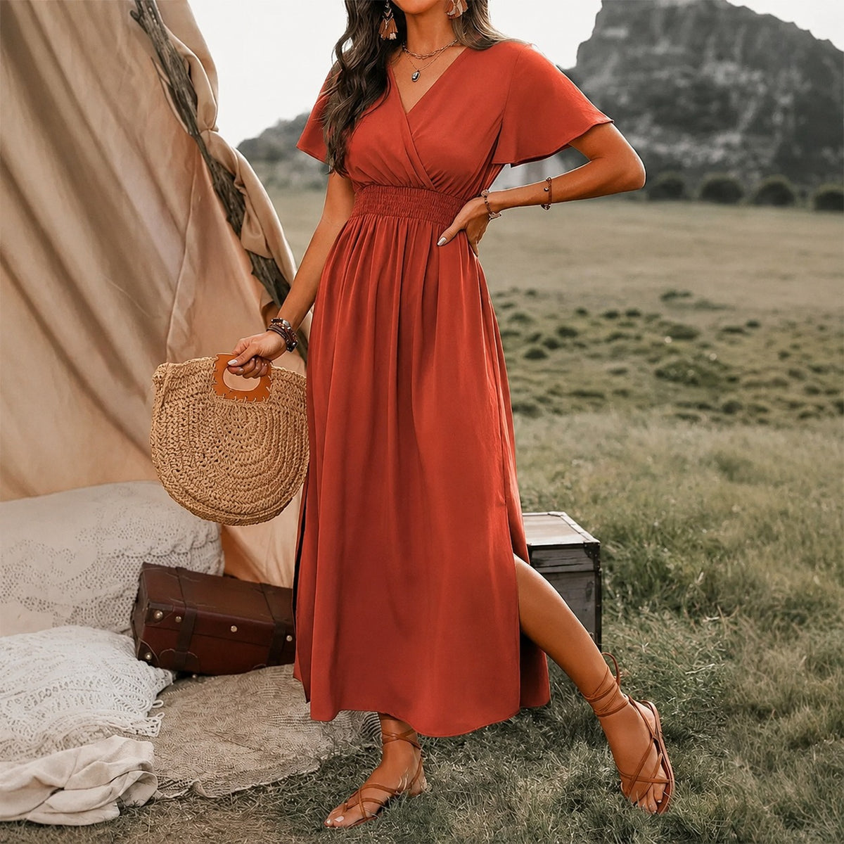 Vestido Eliana™ con Escote Cruzado y Cintura Fruncida