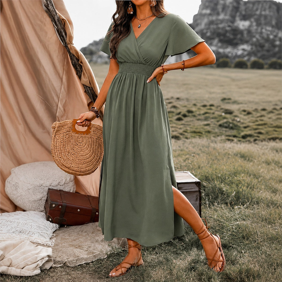 Vestido Eliana™ con Escote Cruzado y Cintura Fruncida