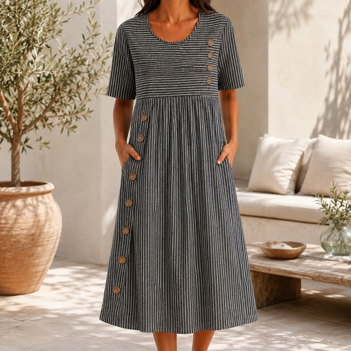 Vestido Elvanna™ con Estampado de Rayas Delicadas y Botones Decorativos