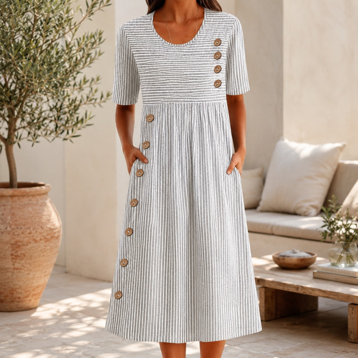 Vestido Elvanna™ con Estampado de Rayas Delicadas y Botones Decorativos