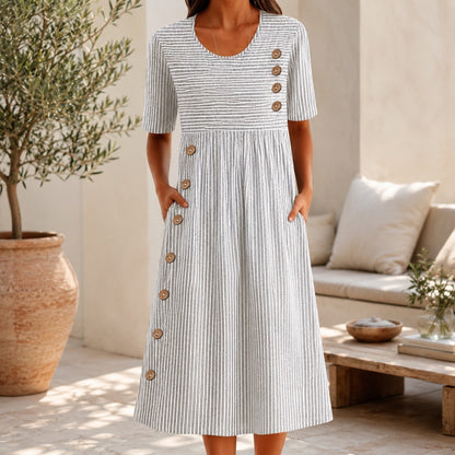 Vestido Elvanna™ con Estampado de Rayas Delicadas y Botones Decorativos