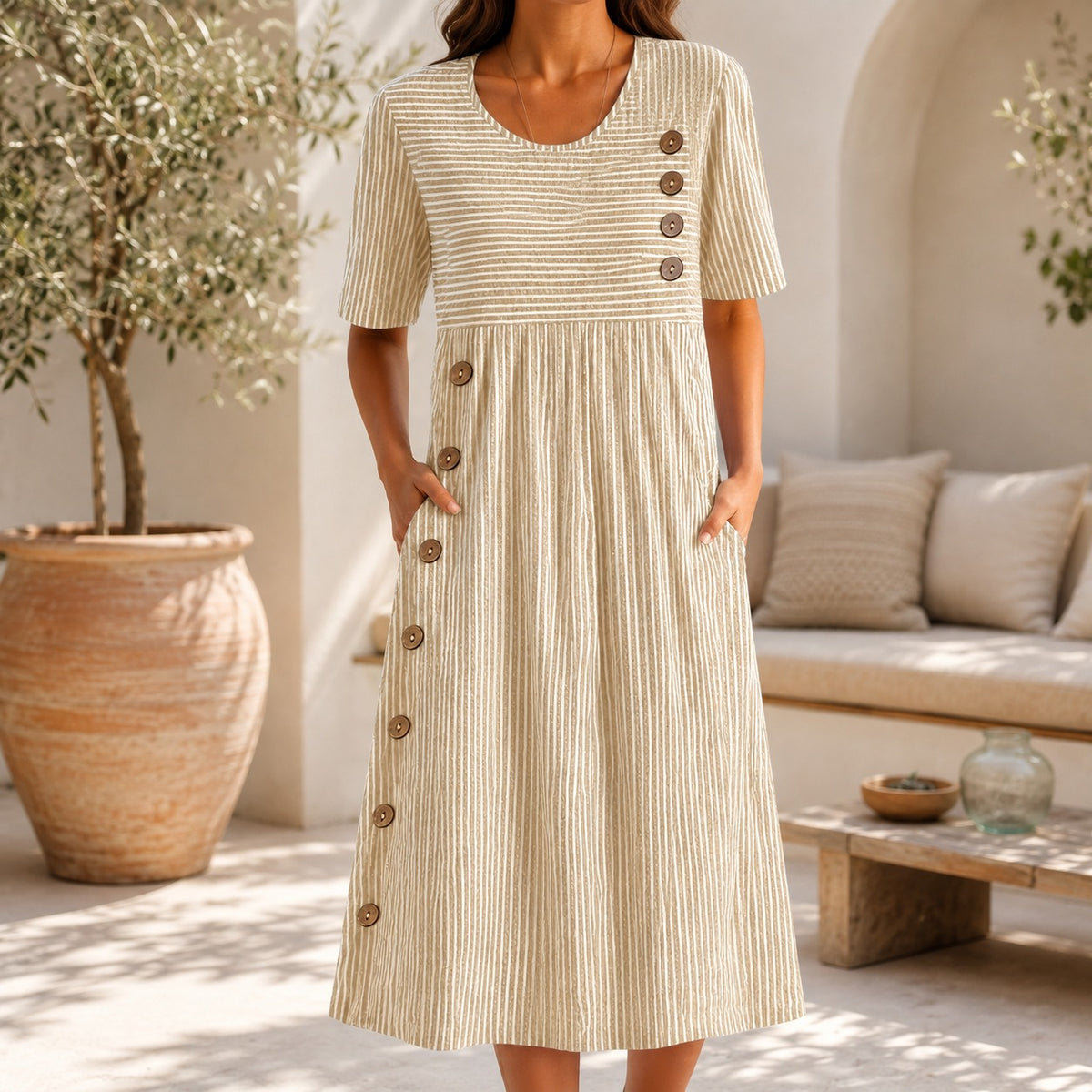 Vestido Elvanna™ con Estampado de Rayas Delicadas y Botones Decorativos