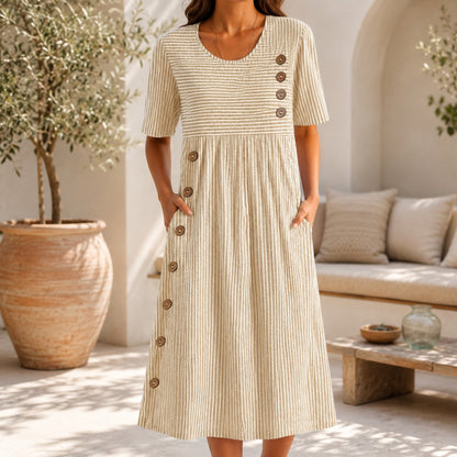 Vestido Elvanna™ con Estampado de Rayas Delicadas y Botones Decorativos