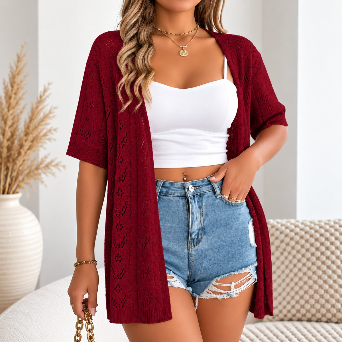 Cárdigan Melina™ con Diseño Minimalista y Detalles Calados