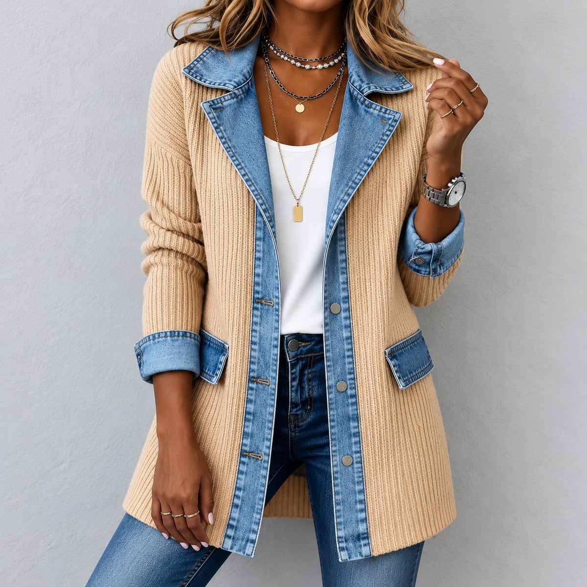 Chaqueta Karla™ con Detalles Denim y Botones Frontales