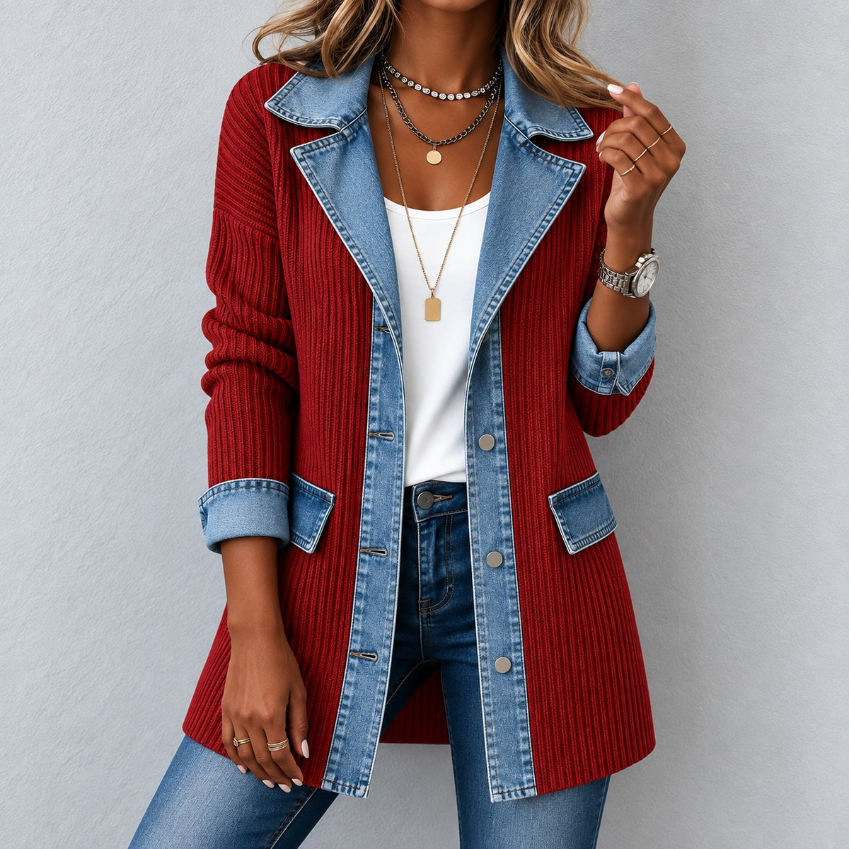 Chaqueta Karla™ con Detalles Denim y Botones Frontales