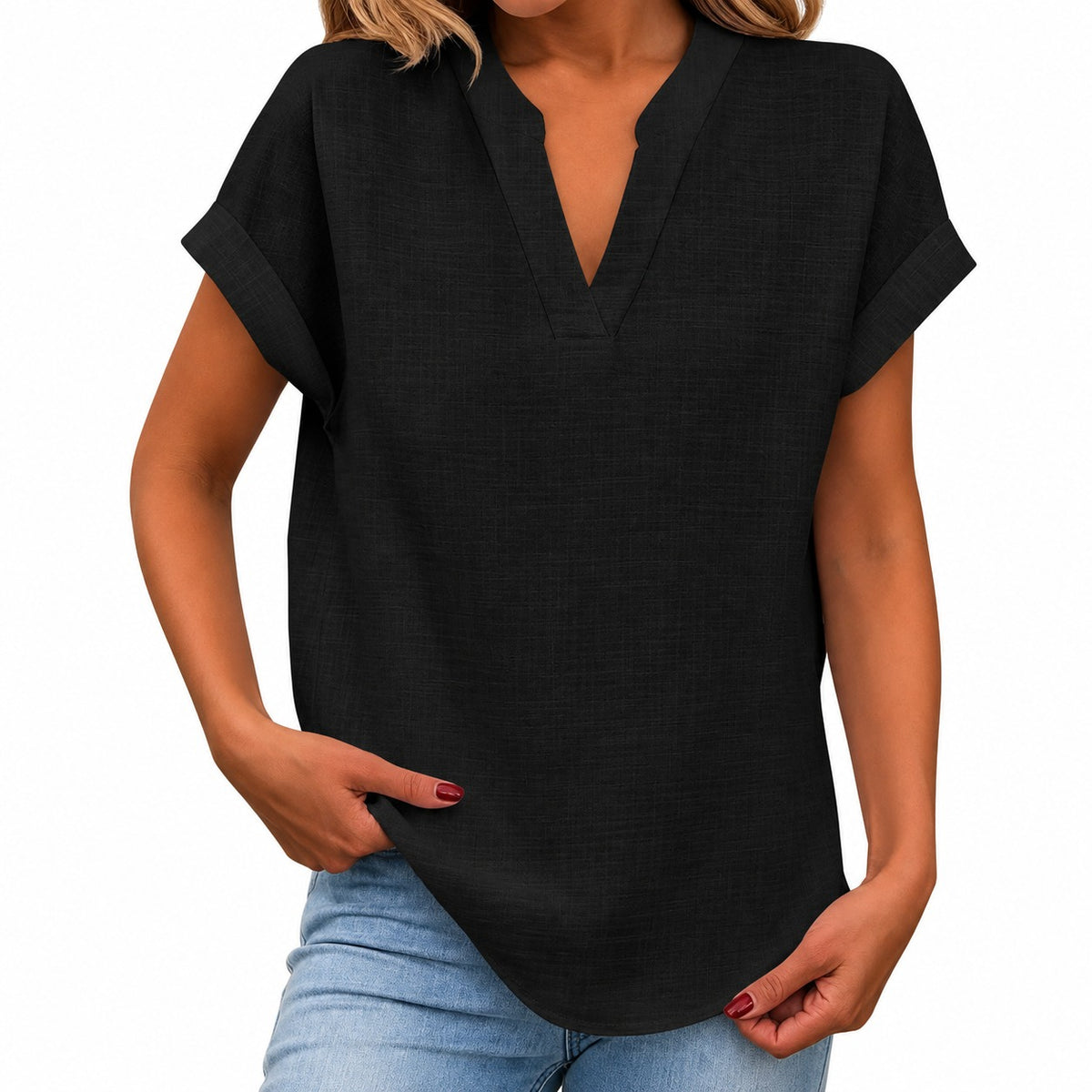 Blusa Maira™ con Mangas Cortas Dobladas y Bajo Redondeado